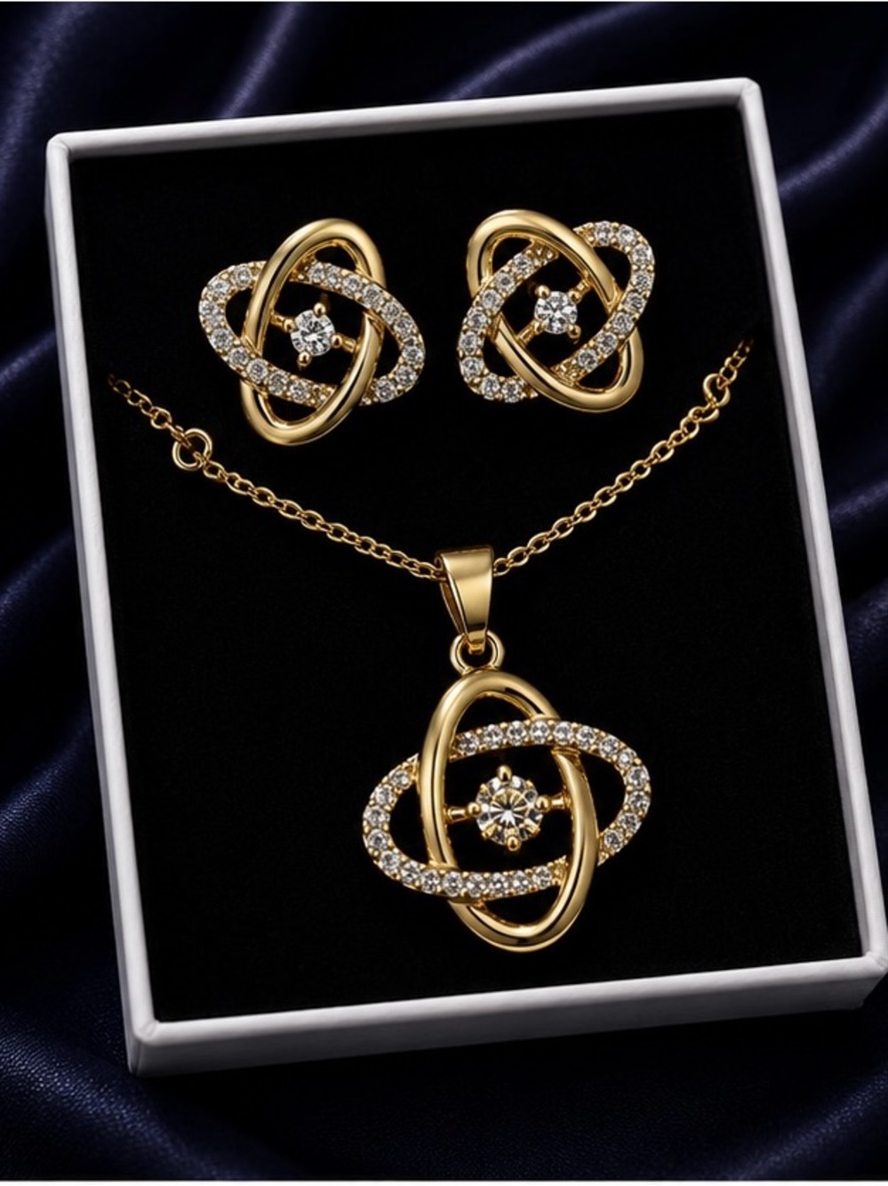 Gold Crystal Knot Pendant Necklace and Earrings Set